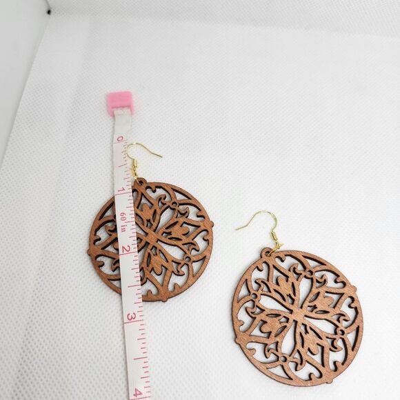 Bohemian Floral Circular Wood Dangle Earrings Chandelier Sterling Silver Hook - Picture 6 of 7